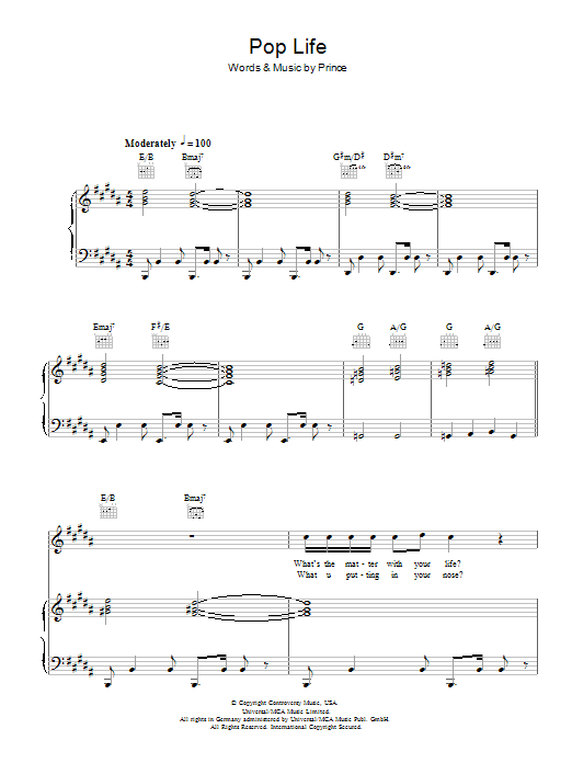 Prince & The Revolution Pop Life sheet music notes and chords arranged for Piano, Vocal & Guitar Chords