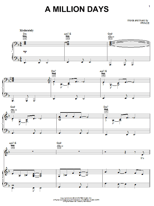 Prince A Million Days sheet music notes and chords arranged for Piano, Vocal & Guitar Chords (Right-Hand Melody)