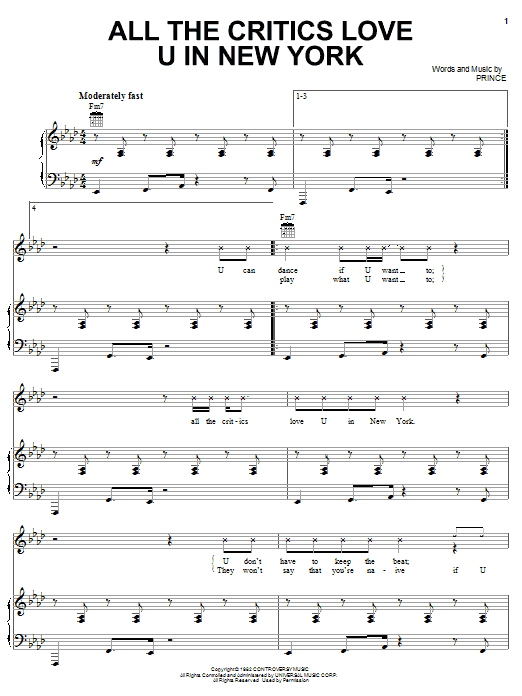Prince All The Critics Love U In New York sheet music notes and chords arranged for Piano, Vocal & Guitar Chords (Right-Hand Melody)