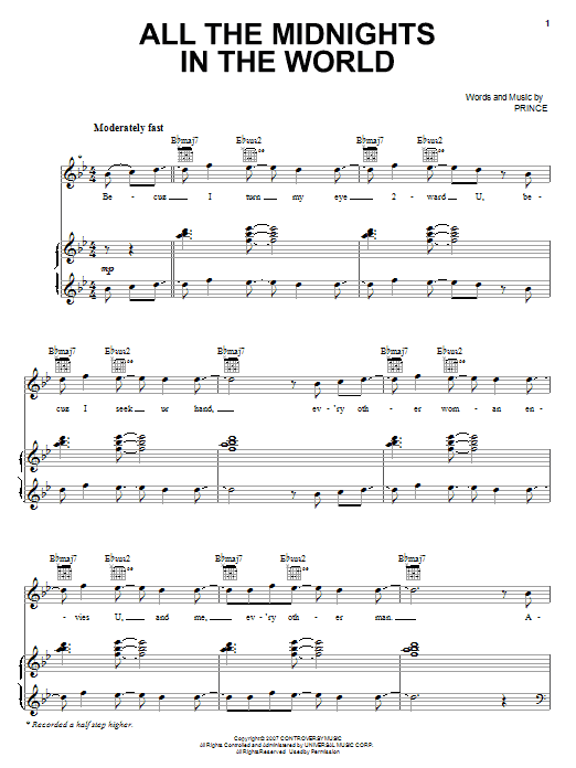 Prince All The Midnights In The World sheet music notes and chords arranged for Piano, Vocal & Guitar Chords (Right-Hand Melody)