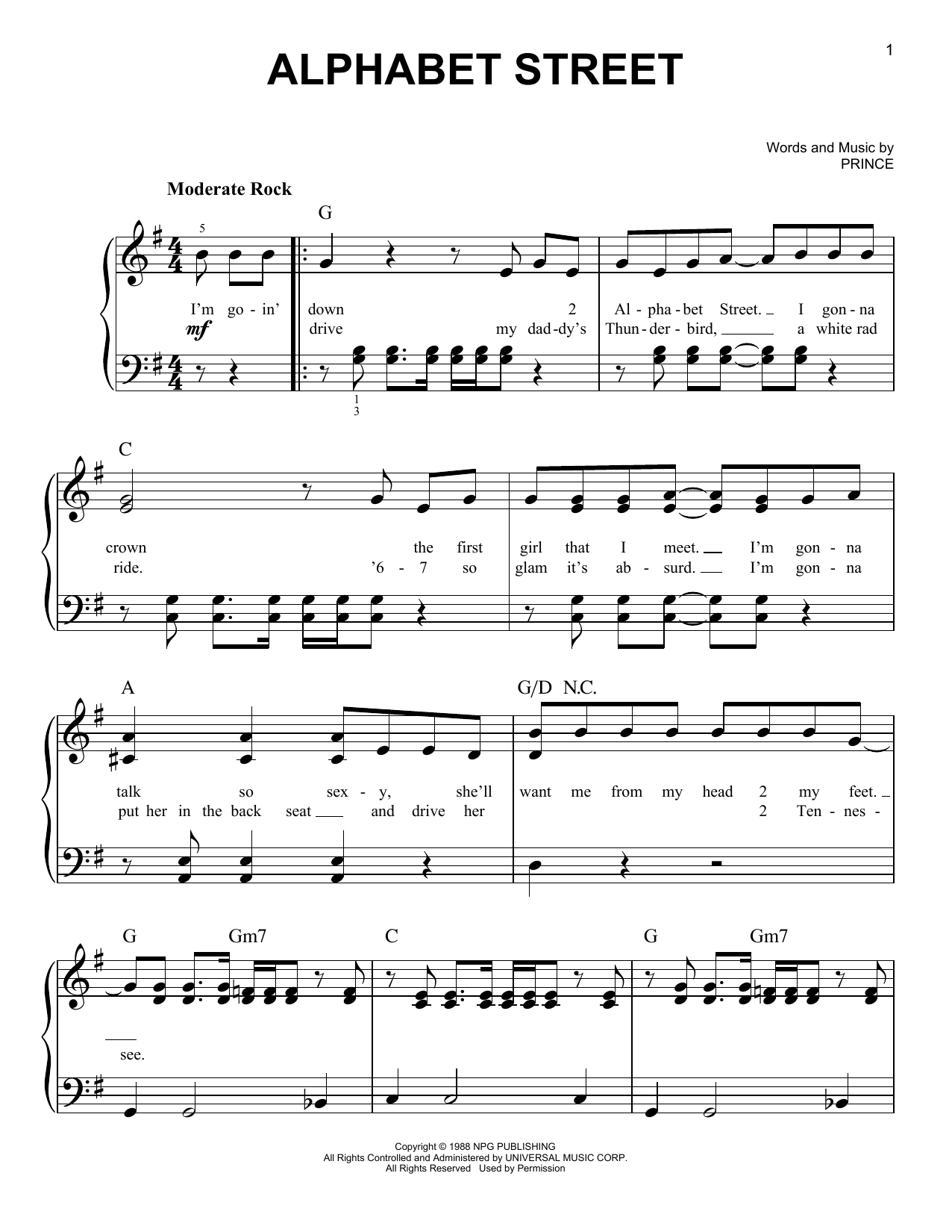 Prince Alphabet St. sheet music notes and chords arranged for Easy Piano