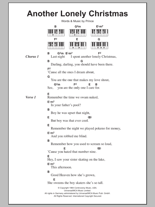 Prince Another Lonely Christmas sheet music notes and chords arranged for Piano Chords/Lyrics