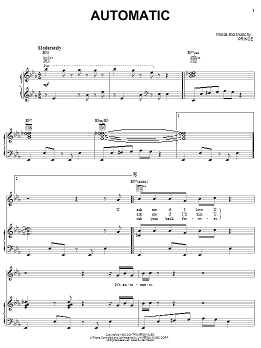 Prince Automatic sheet music notes and chords arranged for Piano, Vocal & Guitar Chords (Right-Hand Melody)
