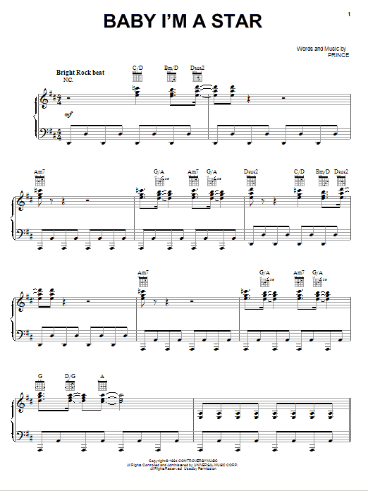 Prince Baby I'm A Star sheet music notes and chords arranged for Piano, Vocal & Guitar Chords (Right-Hand Melody)