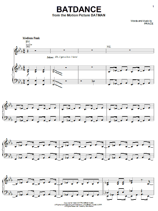 Prince Batdance sheet music notes and chords arranged for Piano, Vocal & Guitar Chords (Right-Hand Melody)