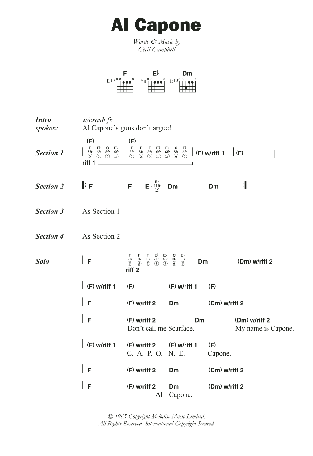 Prince Buster Al Capone sheet music notes and chords arranged for Guitar Chords/Lyrics