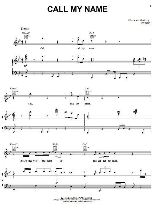 Prince Call My Name sheet music notes and chords arranged for Piano, Vocal & Guitar Chords (Right-Hand Melody)