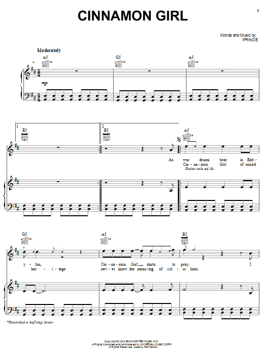 Prince Cinnamon Girl sheet music notes and chords arranged for Piano, Vocal & Guitar Chords (Right-Hand Melody)