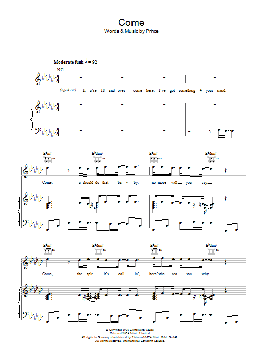 Prince Come sheet music notes and chords arranged for Piano, Vocal & Guitar Chords