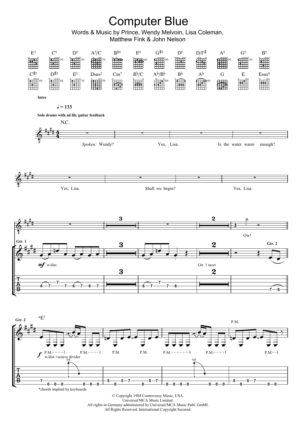 Prince Computer Blue sheet music notes and chords arranged for Piano, Vocal & Guitar Chords (Right-Hand Melody)