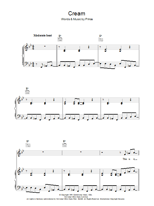 Prince Cream sheet music notes and chords arranged for Piano, Vocal & Guitar Chords (Right-Hand Melody)
