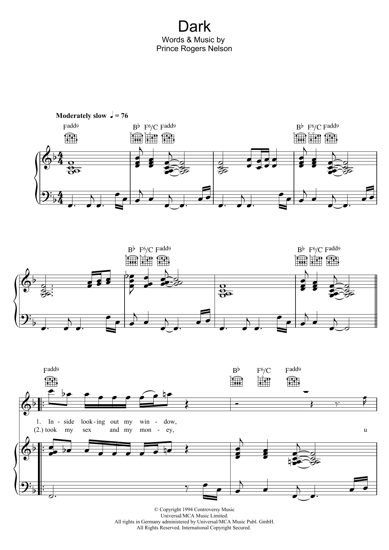 Prince Dark sheet music notes and chords arranged for Piano, Vocal & Guitar Chords