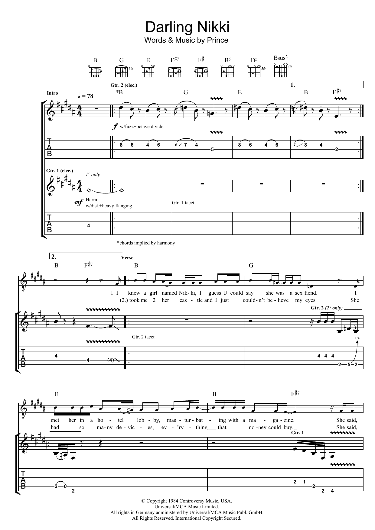 Prince Darling Nikki sheet music notes and chords arranged for Piano, Vocal & Guitar Chords (Right-Hand Melody)