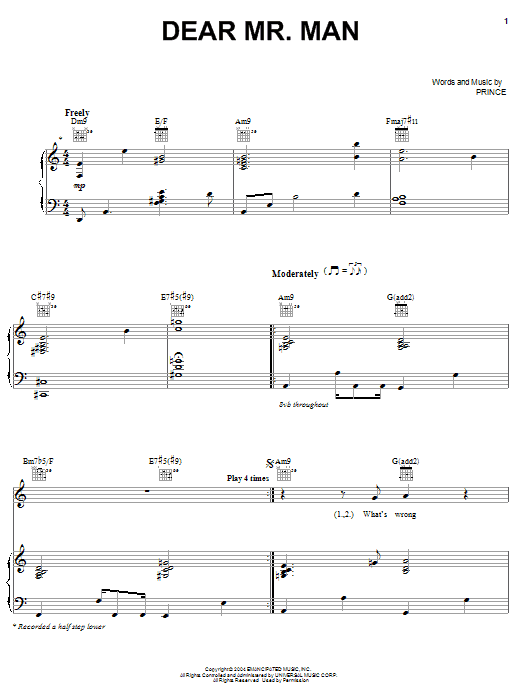 Prince Dear Mr. Man sheet music notes and chords arranged for Piano, Vocal & Guitar Chords (Right-Hand Melody)