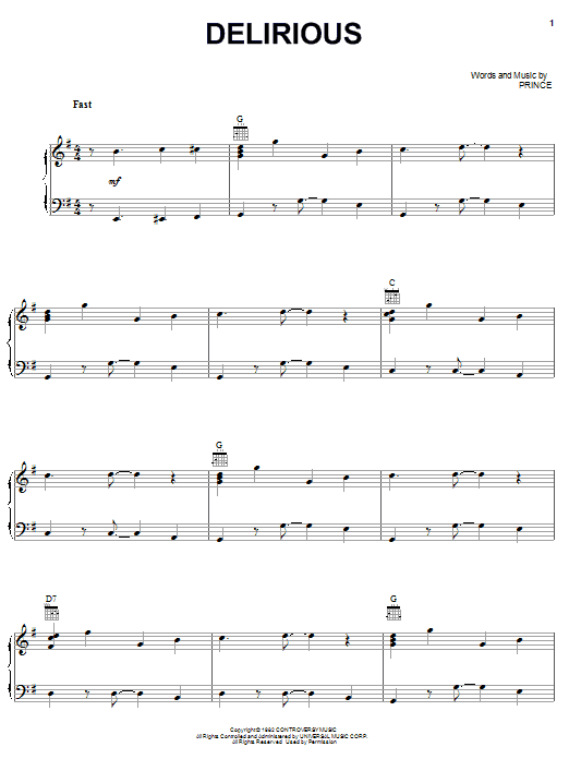 Prince Delirious sheet music notes and chords arranged for Piano, Vocal & Guitar Chords (Right-Hand Melody)