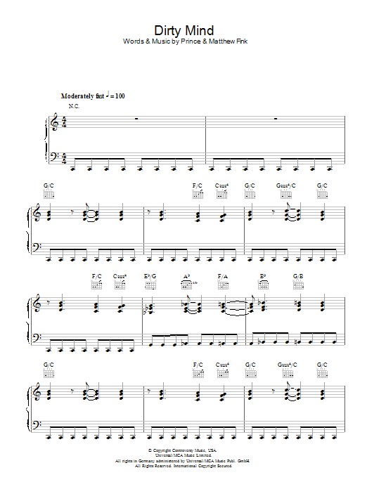 Prince Dirty Mind sheet music notes and chords arranged for Piano, Vocal & Guitar Chords