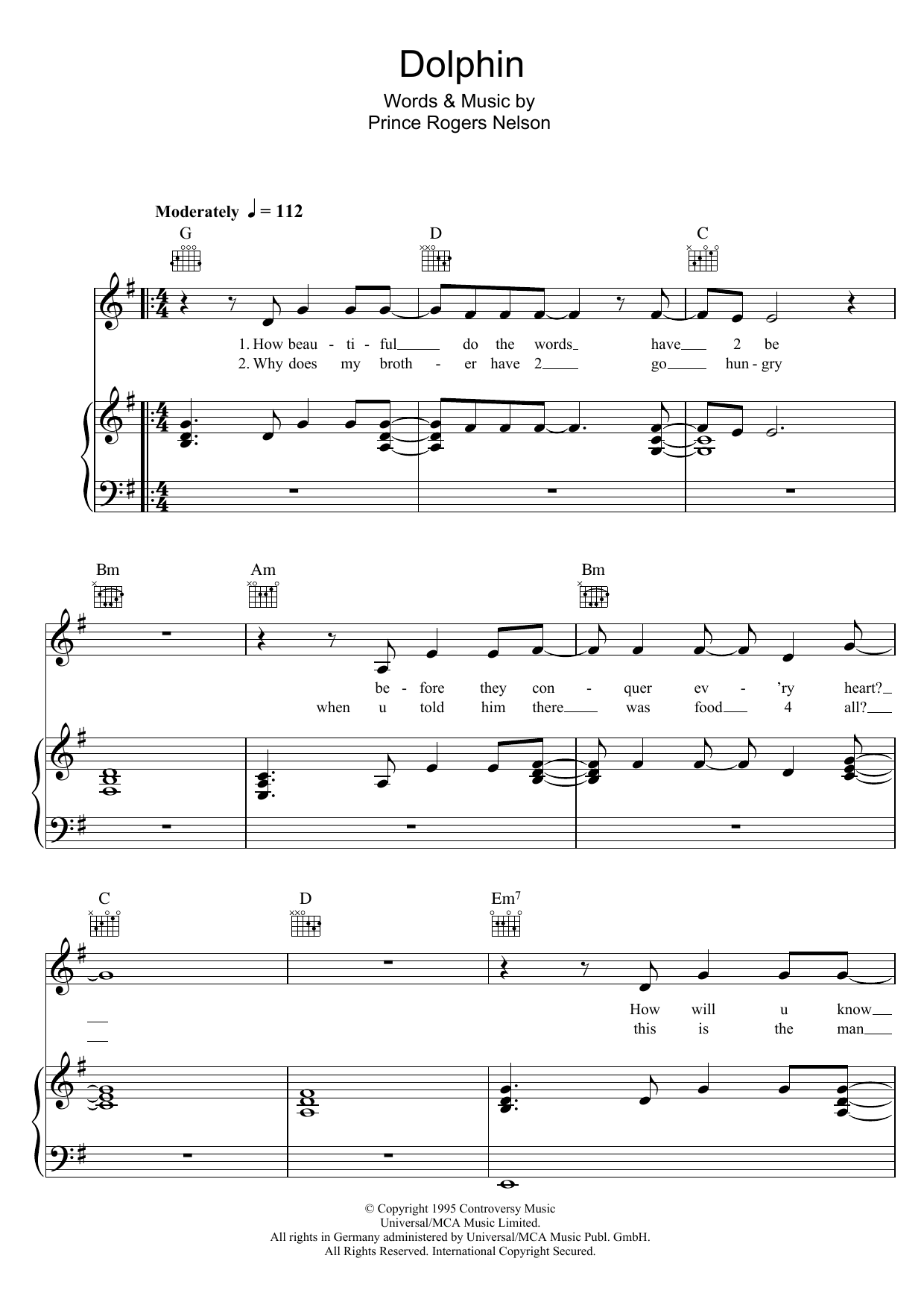 Prince Dolphin sheet music notes and chords arranged for Piano, Vocal & Guitar Chords