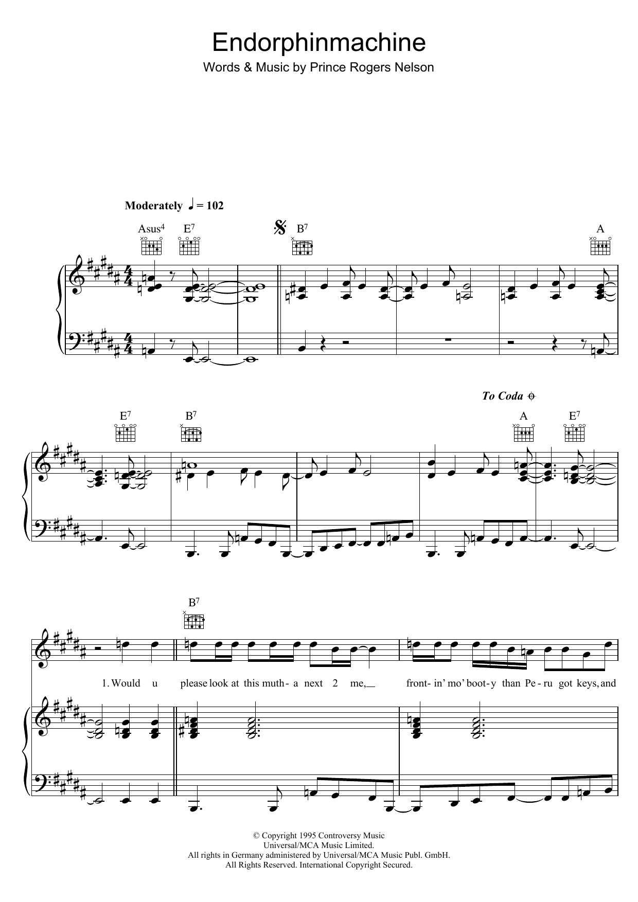 Prince Endorphinmachine sheet music notes and chords arranged for Piano, Vocal & Guitar Chords