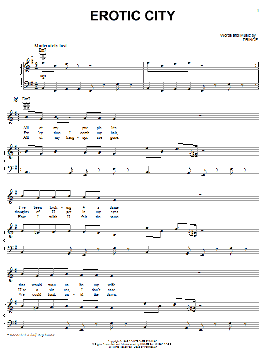 Prince Erotic City sheet music notes and chords arranged for Piano, Vocal & Guitar Chords (Right-Hand Melody)