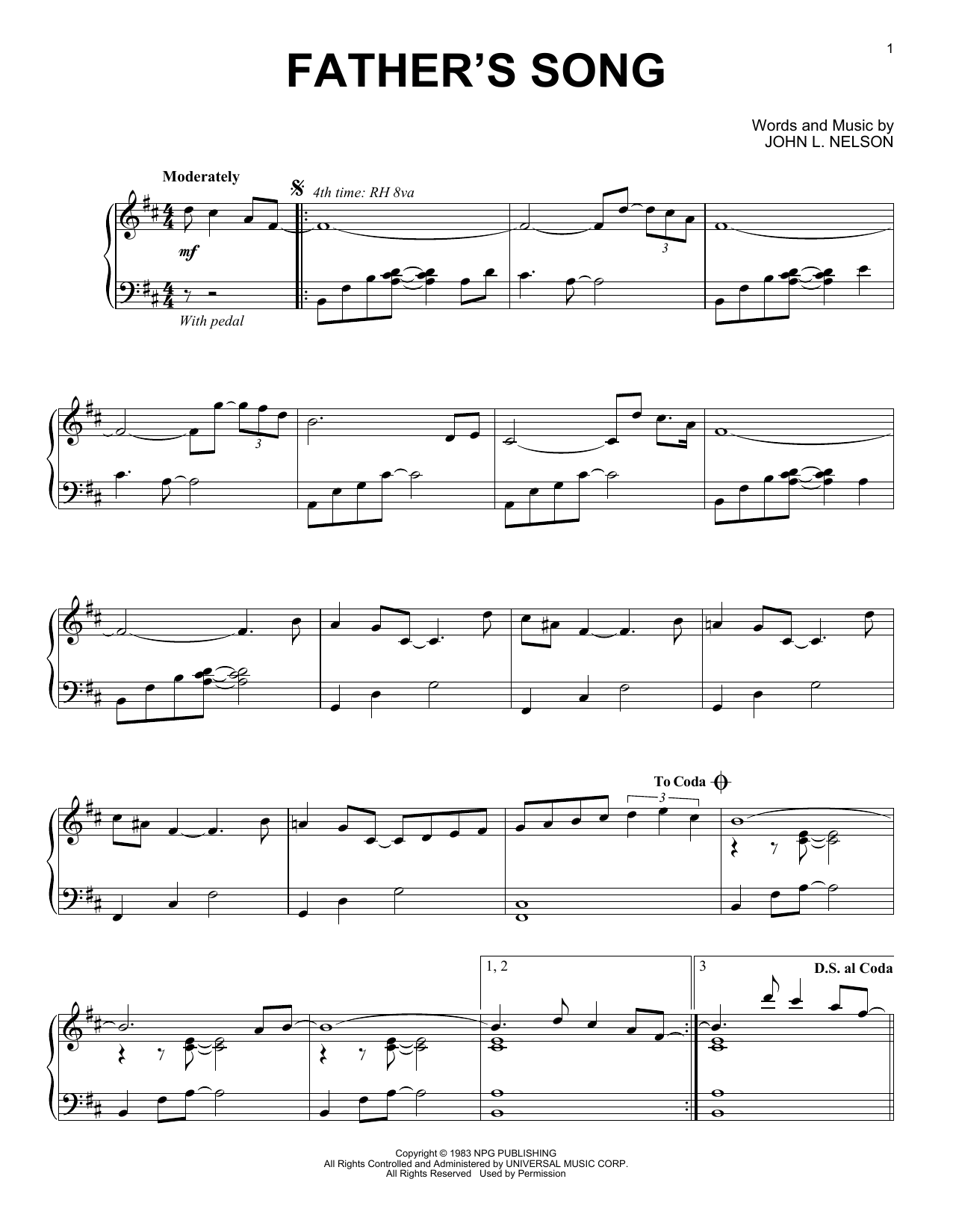 Prince Father's Song sheet music notes and chords arranged for Piano Solo