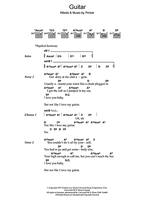 Prince Guitar sheet music notes and chords arranged for Piano, Vocal & Guitar Chords (Right-Hand Melody)