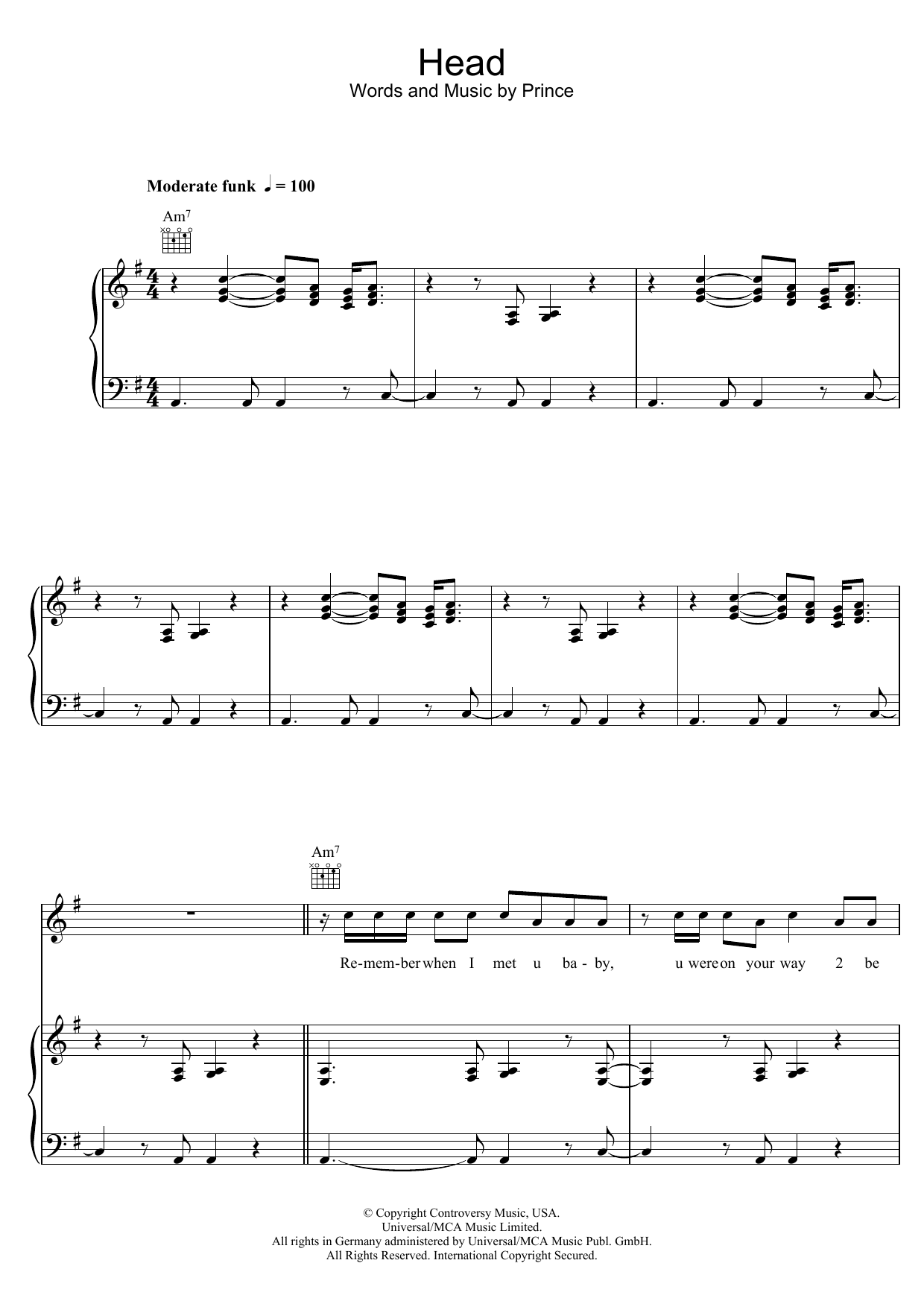 Prince Head sheet music notes and chords arranged for Piano, Vocal & Guitar Chords