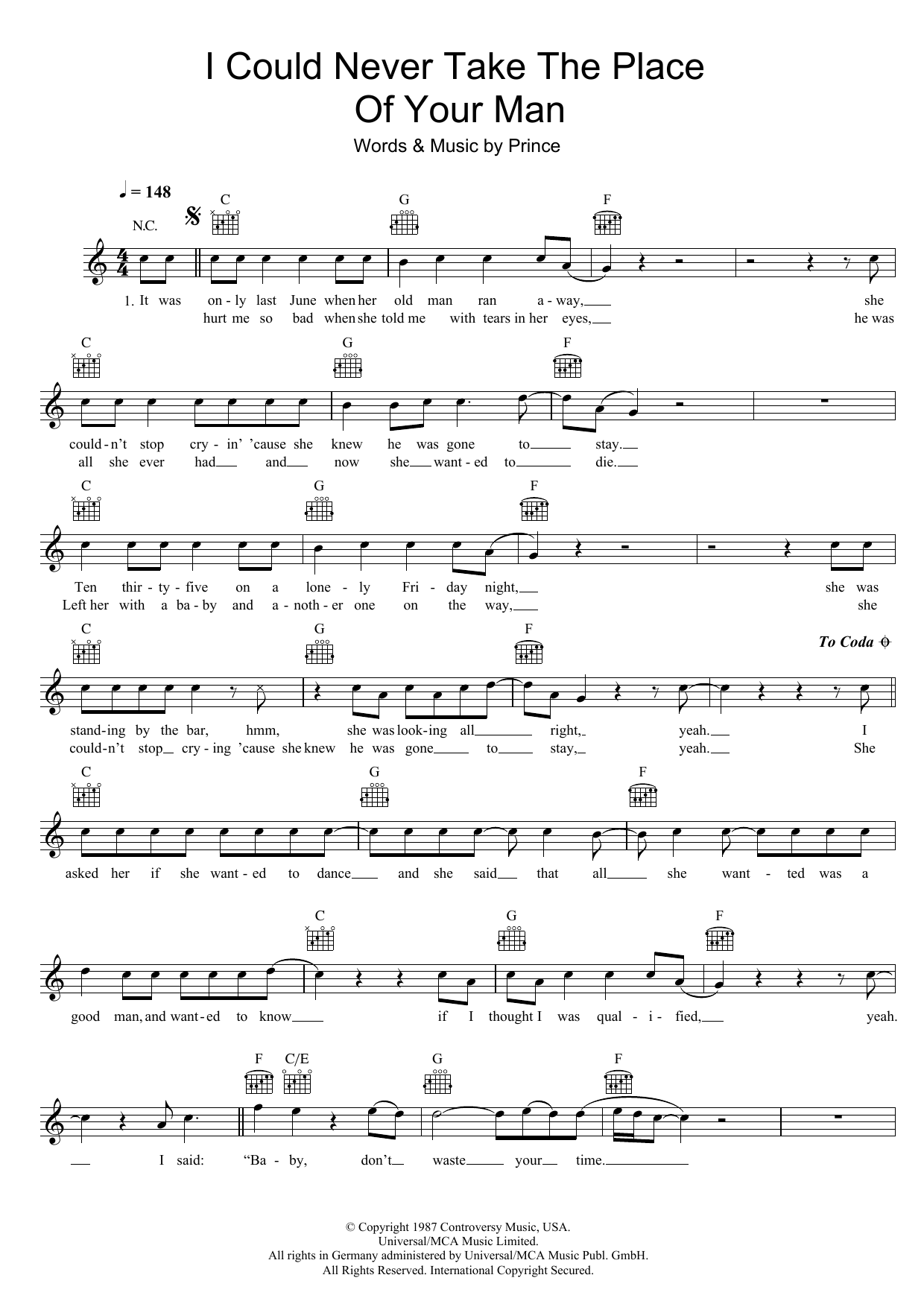 Prince I Could Never Take The Place Of Your Man sheet music notes and chords arranged for Piano, Vocal & Guitar Chords (Right-Hand Melody)