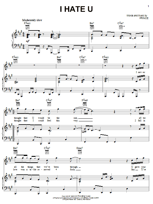 Prince I Hate U sheet music notes and chords arranged for Piano, Vocal & Guitar Chords (Right-Hand Melody)