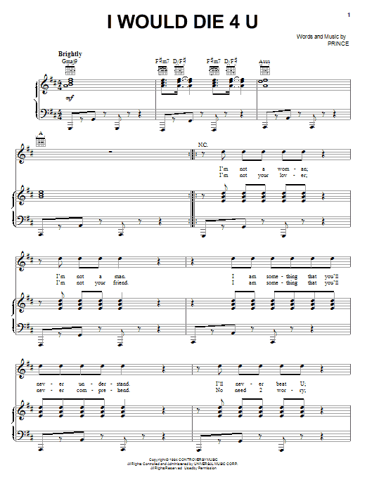 Prince I Would Die 4 U sheet music notes and chords arranged for Piano, Vocal & Guitar Chords (Right-Hand Melody)
