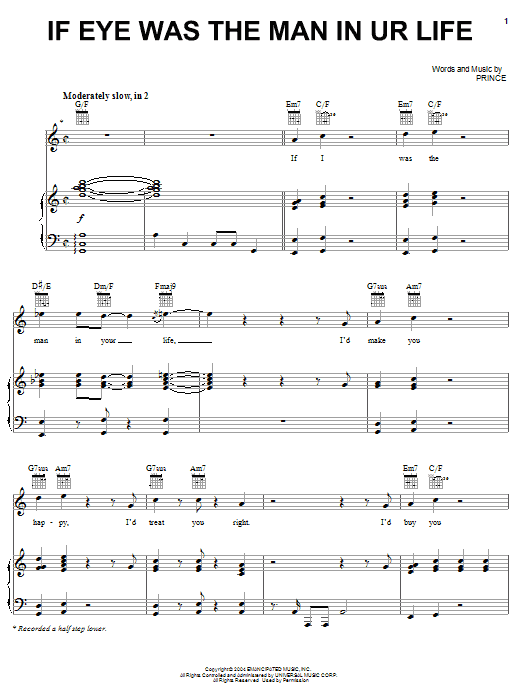 Prince If Eye Was The Man In UR Life sheet music notes and chords arranged for Piano, Vocal & Guitar Chords (Right-Hand Melody)