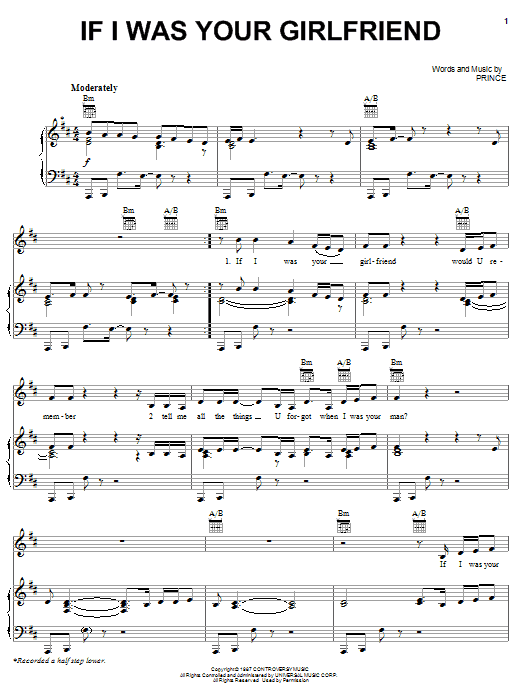 Prince If I Was Your Girlfriend sheet music notes and chords arranged for Piano, Vocal & Guitar Chords (Right-Hand Melody)