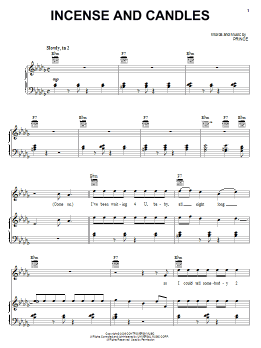 Prince Incense And Candles sheet music notes and chords arranged for Piano, Vocal & Guitar Chords (Right-Hand Melody)