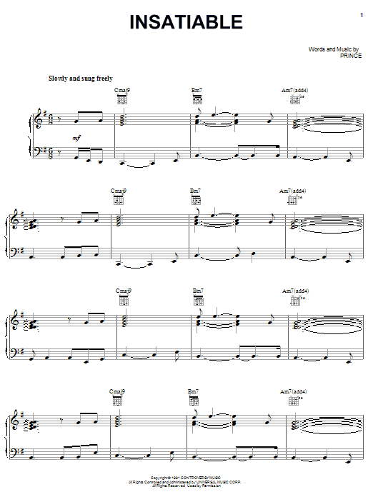 Prince Insatiable sheet music notes and chords arranged for Piano, Vocal & Guitar Chords (Right-Hand Melody)