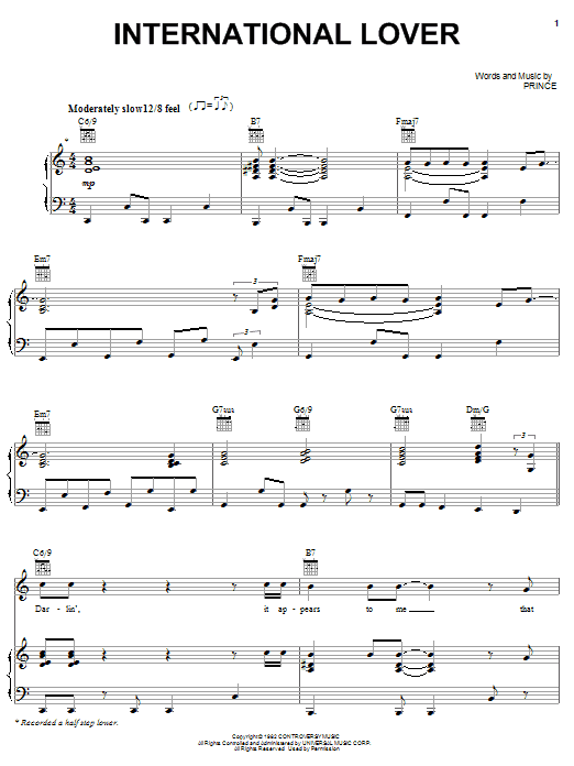 Prince International Lover sheet music notes and chords arranged for Piano, Vocal & Guitar Chords (Right-Hand Melody)