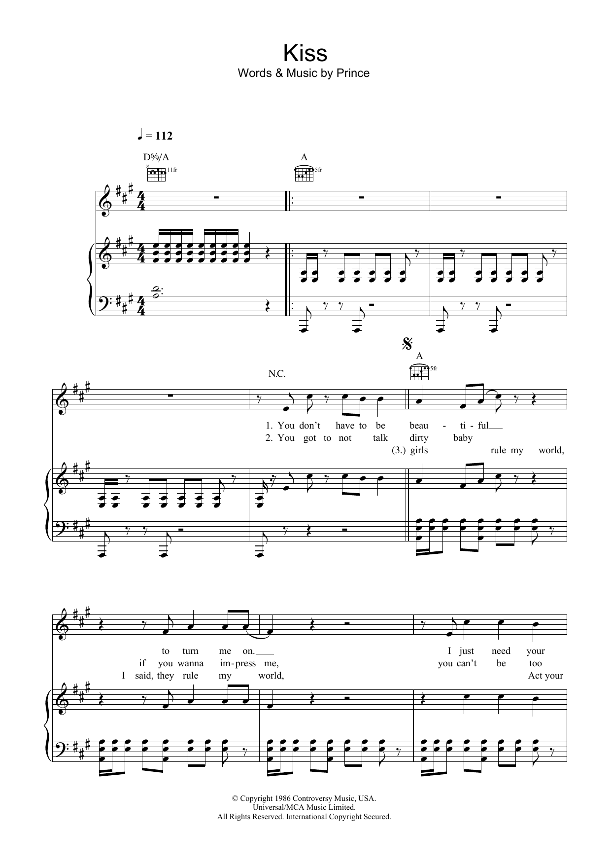 Prince Kiss sheet music notes and chords arranged for Super Easy Piano