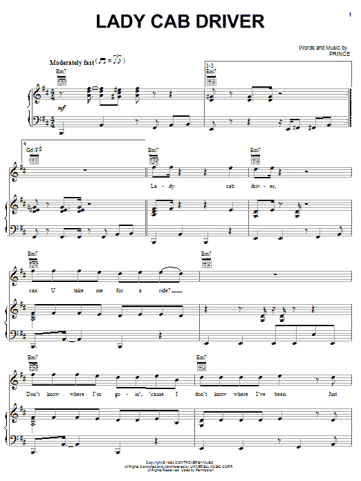 Prince Lady Cab Driver sheet music notes and chords arranged for Piano, Vocal & Guitar Chords (Right-Hand Melody)