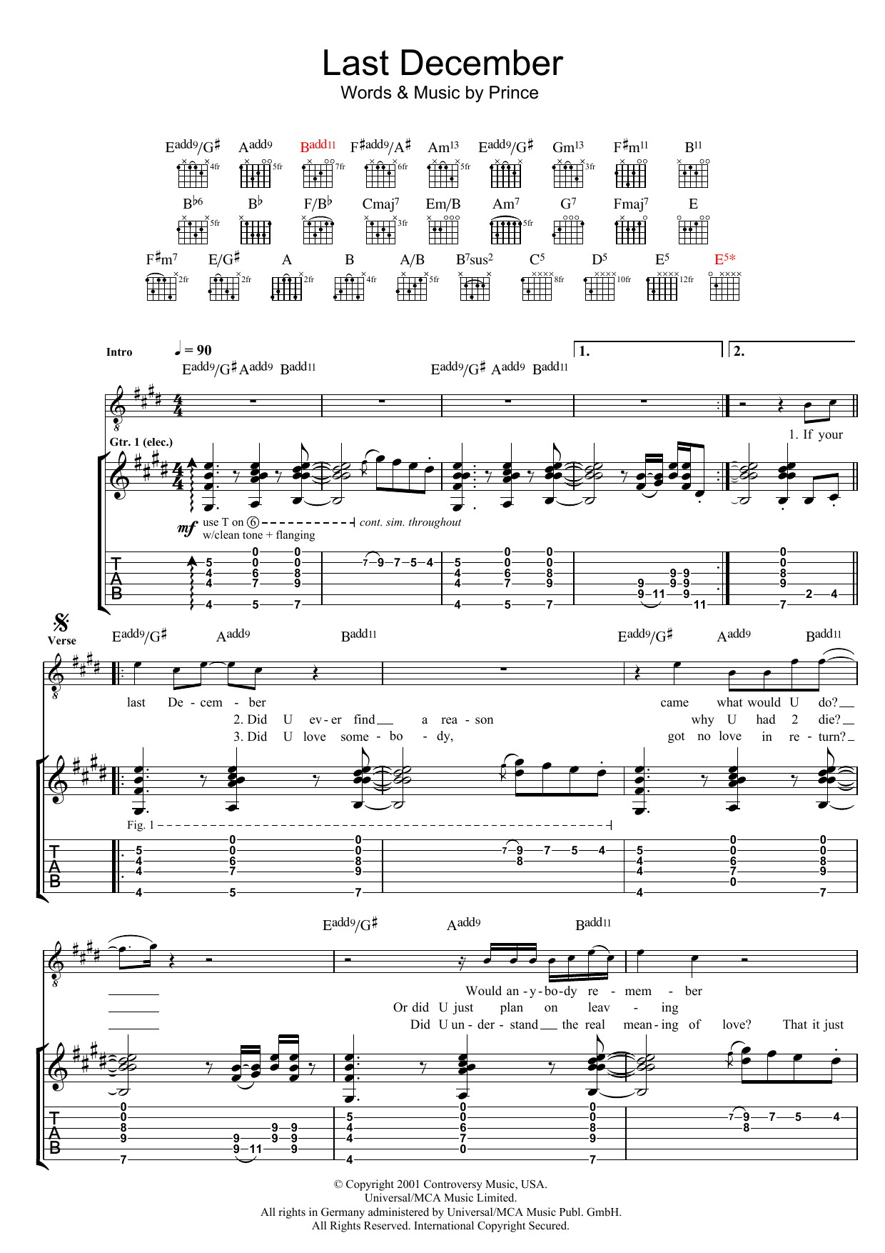 Prince Last December sheet music notes and chords arranged for Guitar Tab