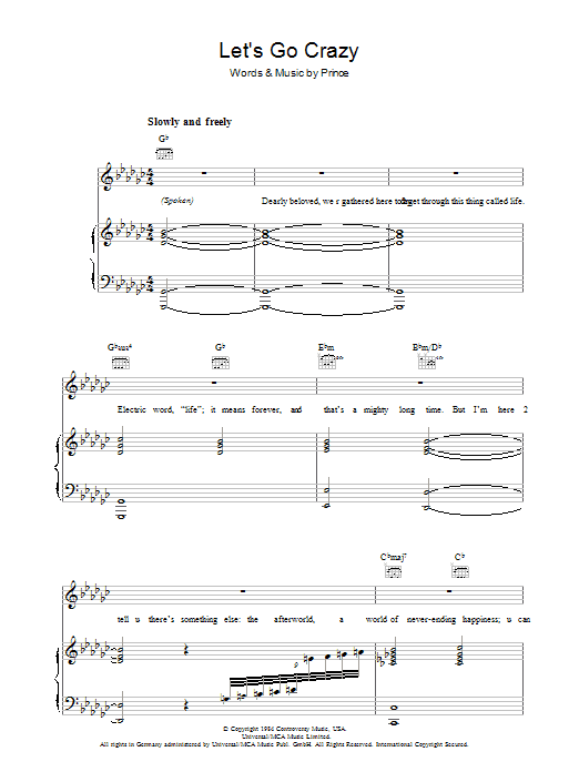 Prince Let's Go Crazy sheet music notes and chords arranged for Guitar Tab (Single Guitar)