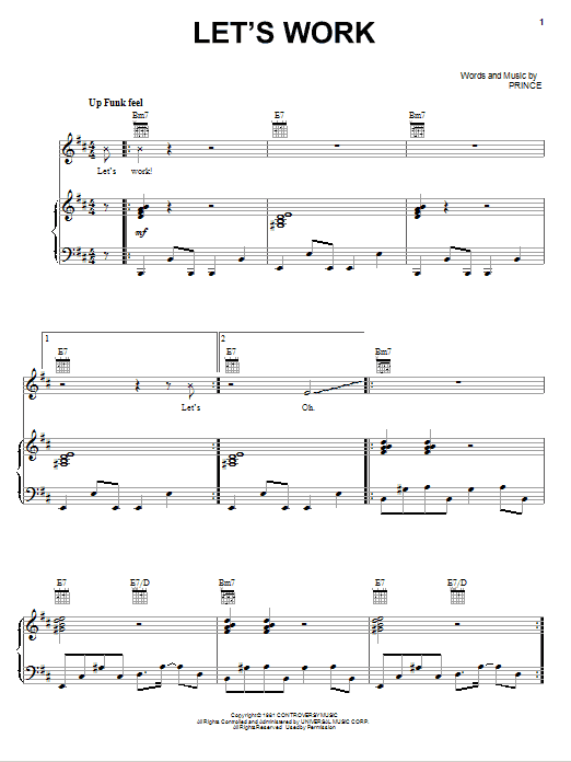 Prince Let's Work sheet music notes and chords arranged for Piano, Vocal & Guitar Chords (Right-Hand Melody)