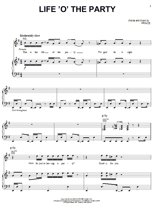 Prince Life 'O' The Party sheet music notes and chords arranged for Piano, Vocal & Guitar Chords (Right-Hand Melody)