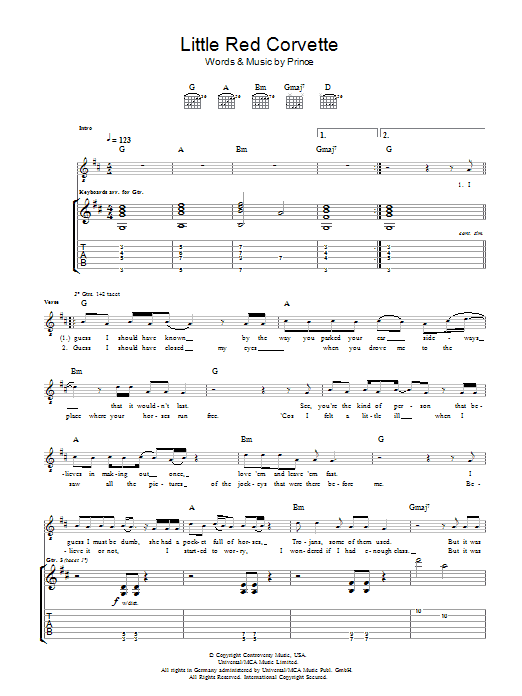 Prince Little Red Corvette sheet music notes and chords arranged for Easy Piano
