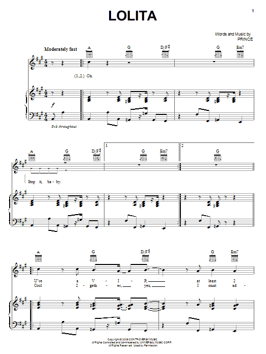 Prince Lolita sheet music notes and chords arranged for Piano, Vocal & Guitar Chords (Right-Hand Melody)