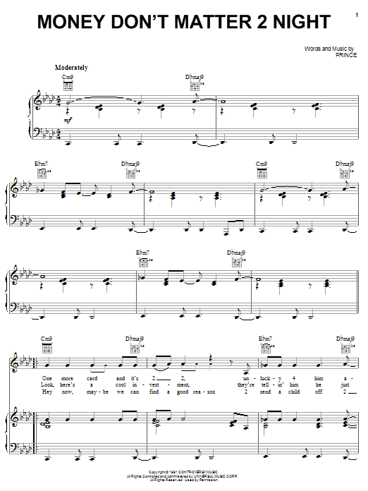 Prince Money Don't Matter 2 Night sheet music notes and chords arranged for Piano, Vocal & Guitar Chords (Right-Hand Melody)
