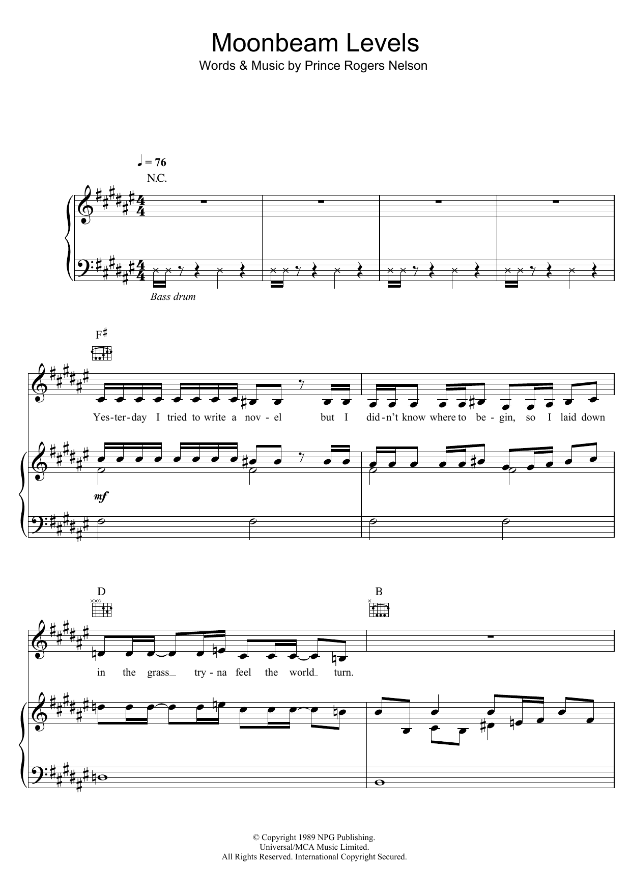 Prince Moonbeam Levels sheet music notes and chords arranged for Piano, Vocal & Guitar Chords