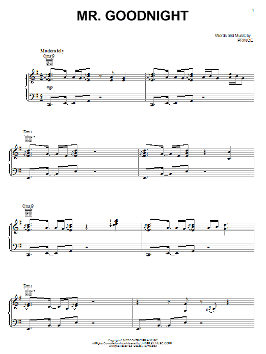 Prince Mr. Goodnight sheet music notes and chords arranged for Piano, Vocal & Guitar Chords (Right-Hand Melody)