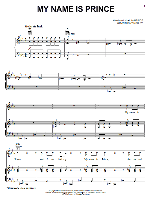 Prince My Name Is Prince sheet music notes and chords arranged for Piano, Vocal & Guitar Chords (Right-Hand Melody)