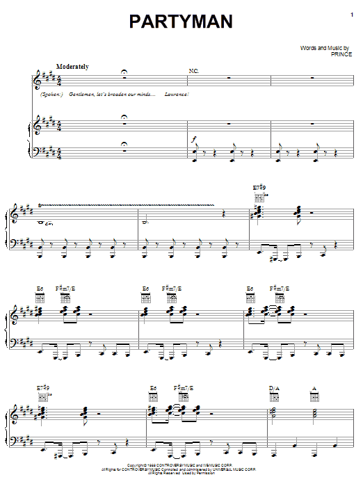 Prince Partyman sheet music notes and chords arranged for Piano, Vocal & Guitar Chords (Right-Hand Melody)