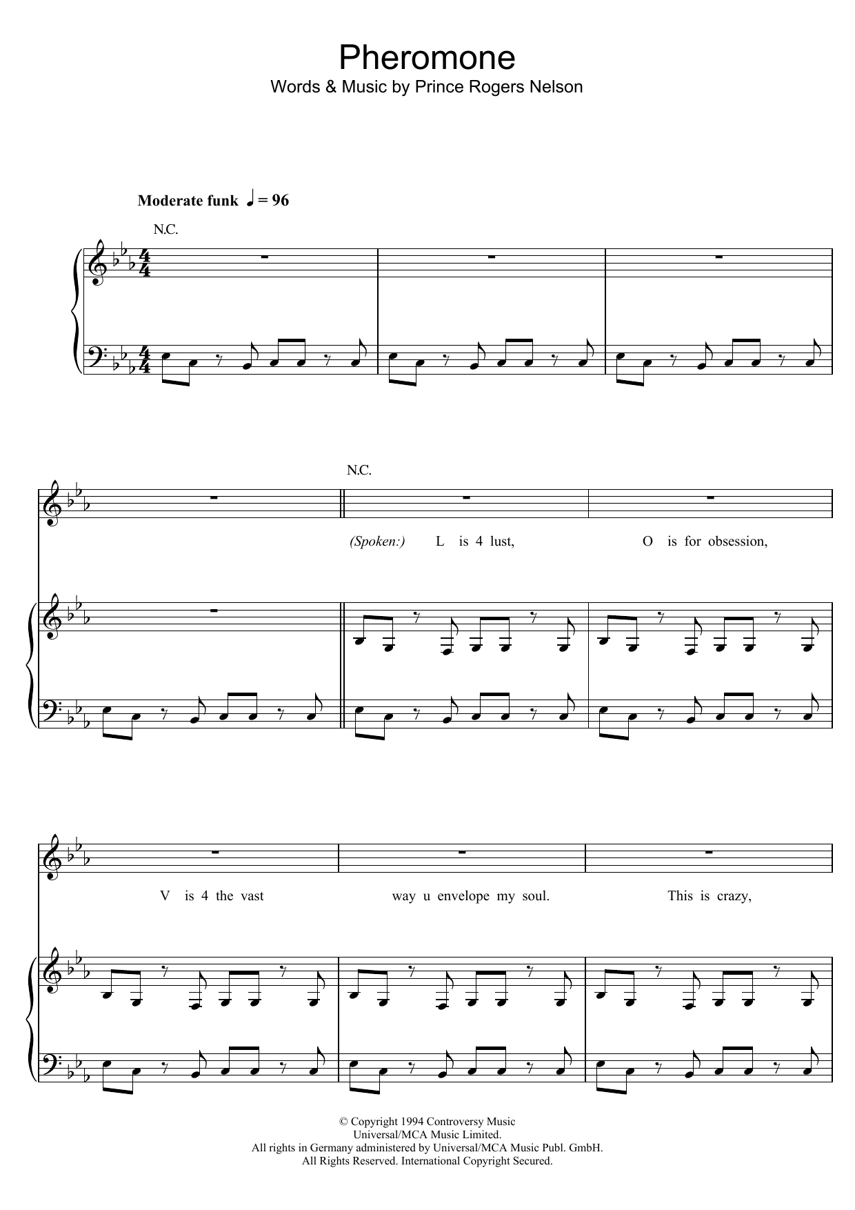 Prince Pheromone sheet music notes and chords arranged for Piano, Vocal & Guitar Chords