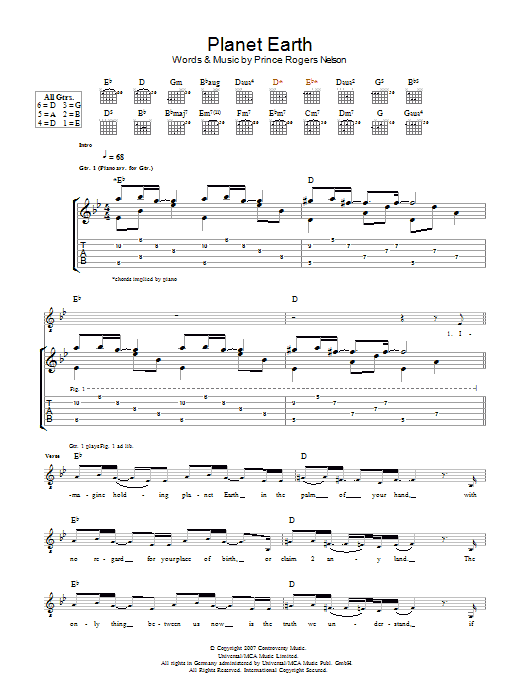 Prince Planet Earth sheet music notes and chords arranged for Piano, Vocal & Guitar Chords (Right-Hand Melody)