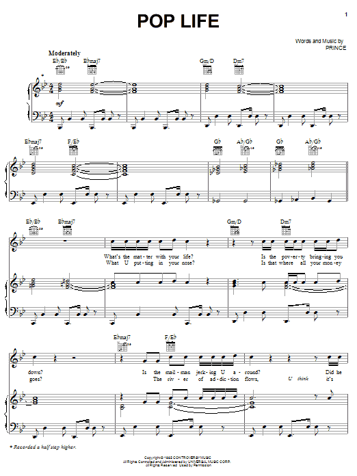 Prince Pop Life sheet music notes and chords arranged for Piano, Vocal & Guitar Chords (Right-Hand Melody)